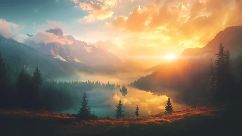 Sunrise drapes a misty mountain lake in molten quiet light