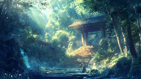 Sunlit forest shrine gate rises through mist and falling leaves