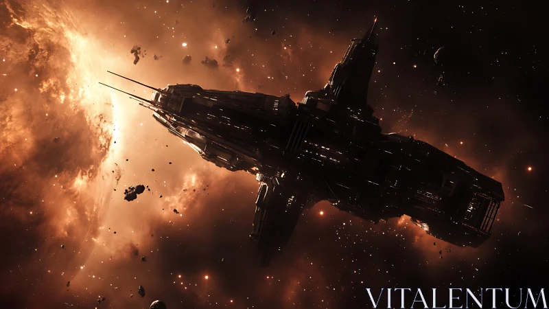 Large spacecraft silhouette against luminous stellar field.