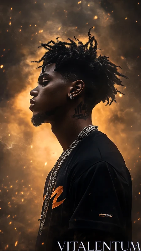 Profile portrait of rapper in ember-lit atmospheric cloud