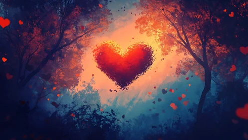 Glowing Heart in Enchanted Forest at Sunset