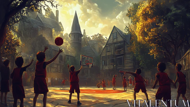 Children play basketball in a medieval-style village courtyard