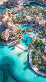 Luxury desert lagoon resort with turquoise pools and palms.