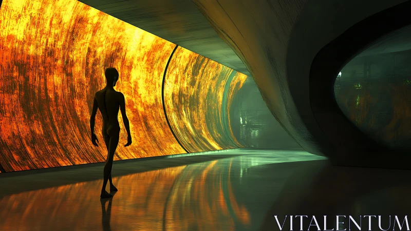 Silhouetted figure crossing molten-lit futuristic corridor.