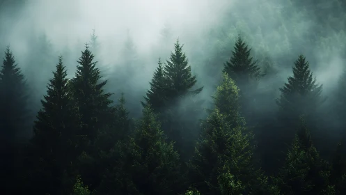 Coniferous forest densely layered in thick mist and fog