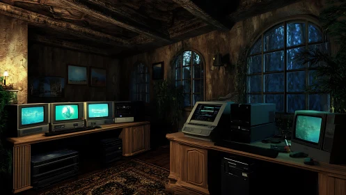 Retro computer workstations in dimly lit wooden office.