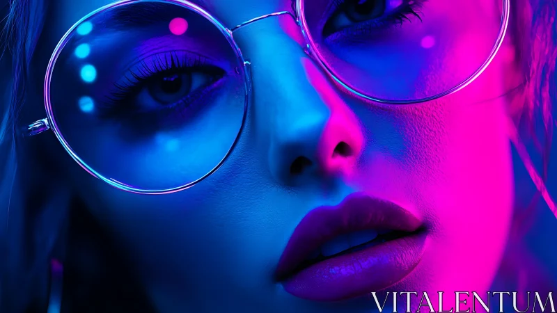 Neon lit gaze glowing through round glasses at midnight.