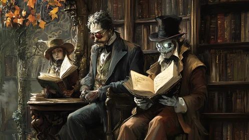 Victorian occult readers in dim library with skeletal specter