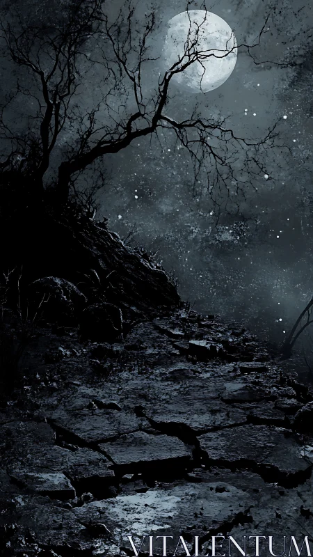 Full moon illuminates cracked stone path beneath bare tree