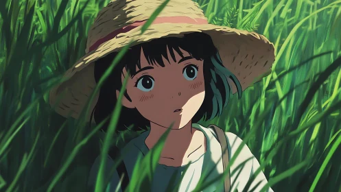Anime pastoral portrait in sunlit meadow with straw hat focus.