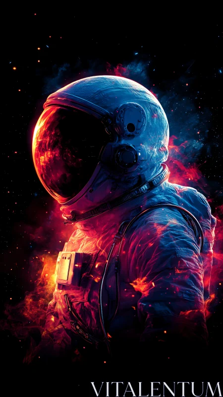 Astronaut in neon cosmic flames gazes into deep space.
