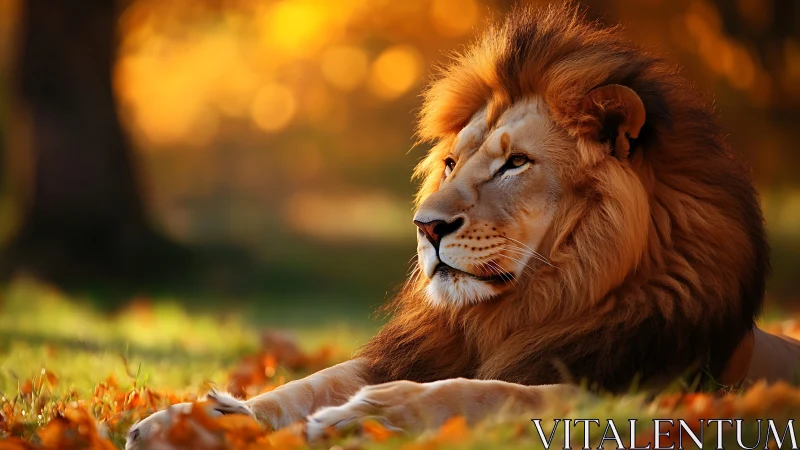 Majestic lion rests under golden autumn sunset light.