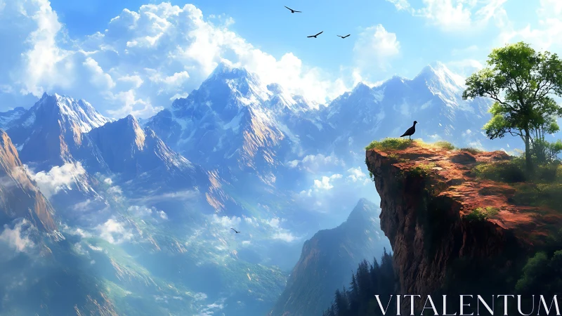 Quiet cliffside lookout above sunlit dreamlike peaks.