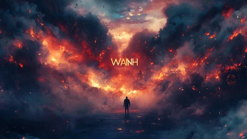 Solitary Figure Standing Before Apocalyptic Inferno Landscape