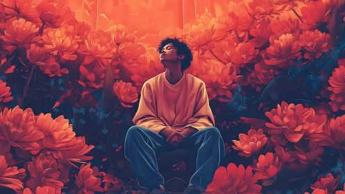 Solitary figure in saturated orange floral field under diffused light