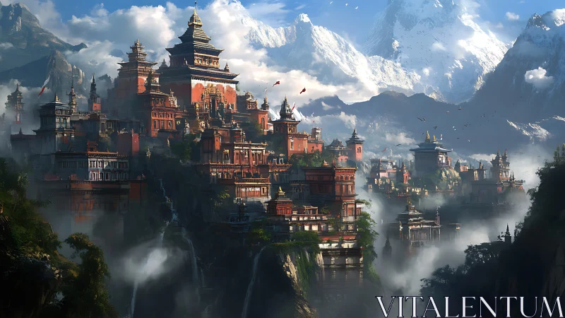 Mountain city with tiered temples rises above clouded cliffs