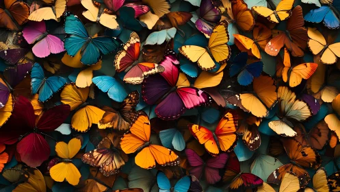 Vibrant butterfly swarm in dense overlapping flight pattern.