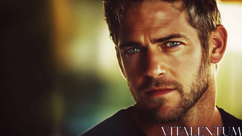 Warm light on thoughtful bearded man with vivid green eyes.