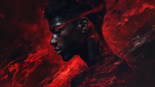 Digital portrait in red smoke with dramatic side profile.