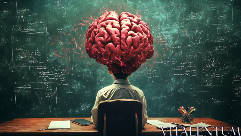 Curious student with a giant brain explores ideas at the desk.