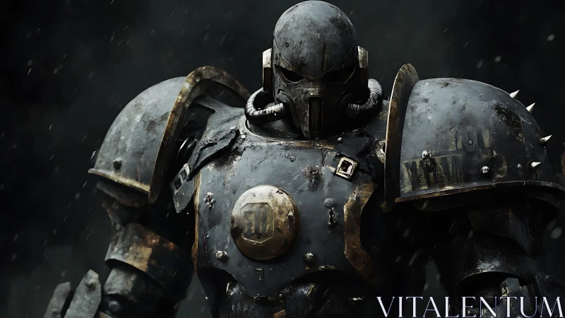 Storm-scarred power knight in rain-lashed battle armor.
