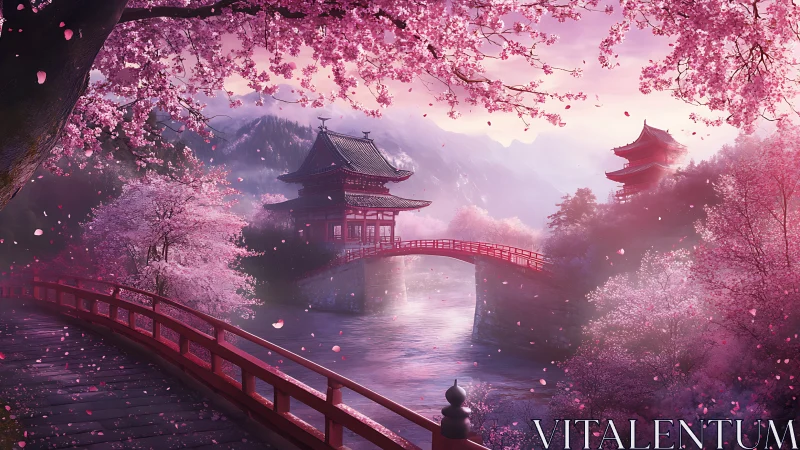 Sakura bridge spans misty river beneath glowing mountain dawn.