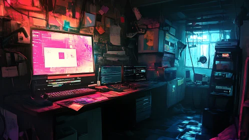 Cyberpunk workstation glows with dual-tone neon screens.