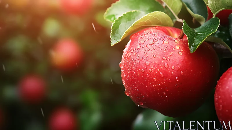 Red apple with water droplets on tree branch in orchard.