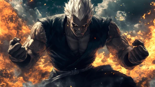 Storm-hearted warrior rising through firelit clouds.