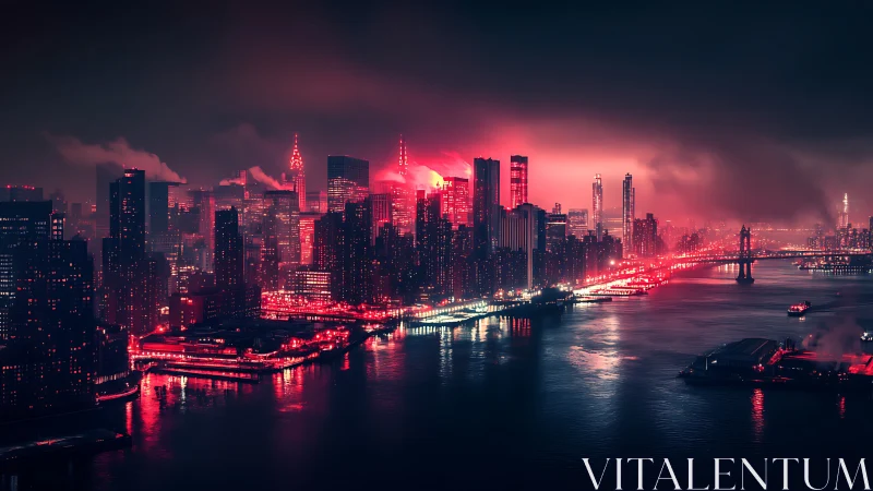Neon red city skyline over river under heavy night clouds.