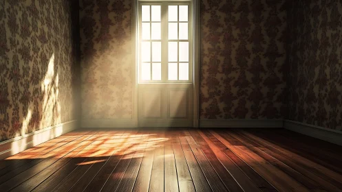 Sunlit empty room with vintage wallpaper and wood flooring.