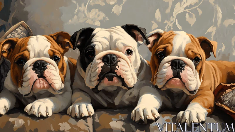 Triptych study of bulldog puppies in warm tonal digital painting