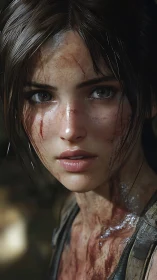 Battle-worn female explorer close-up in muddy jungle lighting