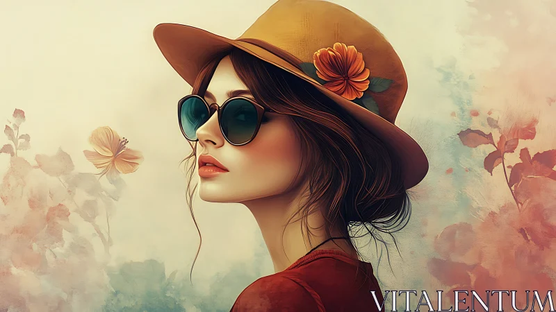 Digital portrait depicts woman in hat and sunglasses in profile