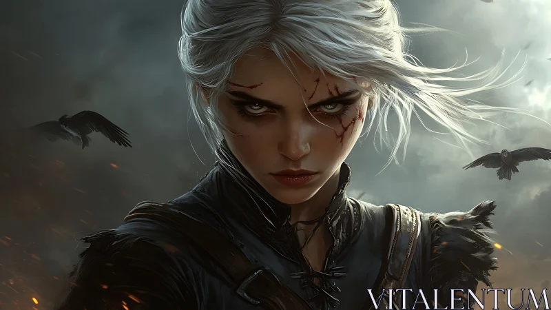 Storm-eyed warrior strides through crows and gathering ash