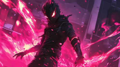 Neon inferno dances around a masked rogue in mid-strike