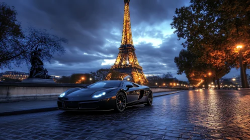 Midnight supercar on wet Parisian cobblestone boulevard.