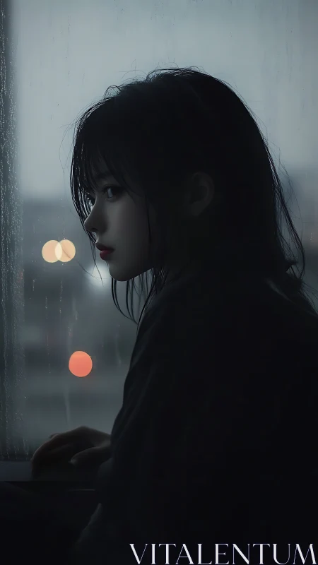 Rain soaked window cradles a quiet city of distant suns