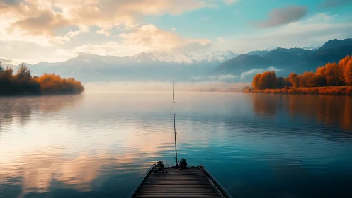 Solitary fishing rod dreams beneath pastel mountain dawn