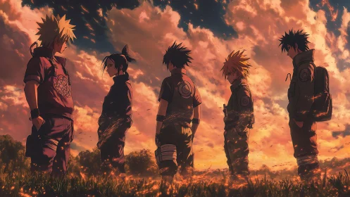 Anime youths stand in sunset field with burning embers.
