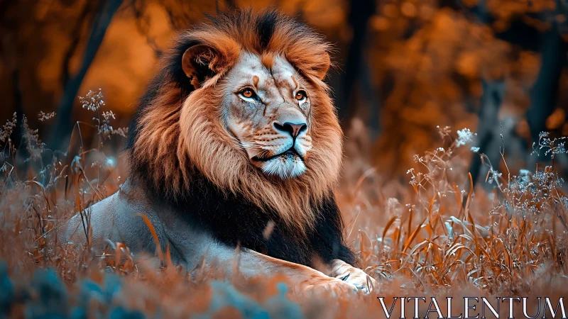 Lion resting in stylized orange blue grassland scene.