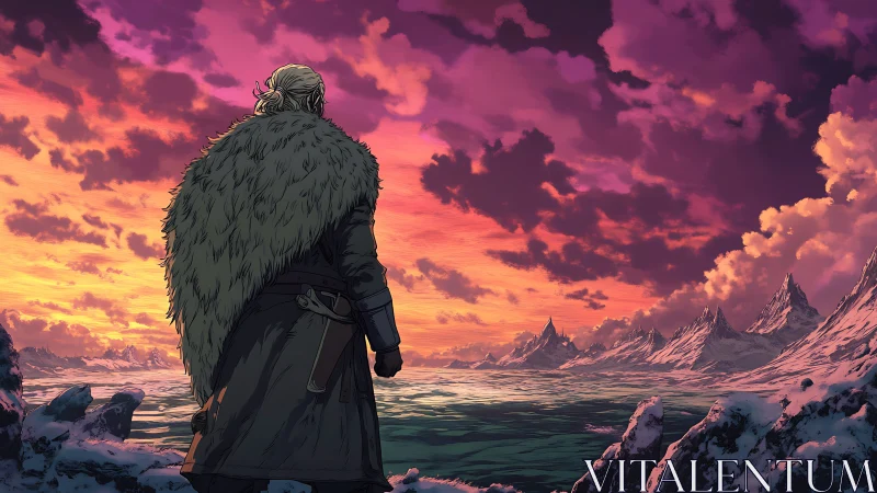 Solitary cloaked figure overlooking icy coast at sunset.