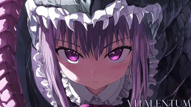 Crimson-eyed gothic dragon girl framed in shadowed ruffles.