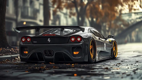 Modified Ferrari supercar rests on wet autumn city street.