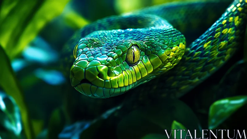 Emerald viper close-up with iridescent scales in dense foliage.