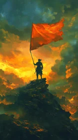 Lone warrior raises tattered red banner over burning horizon