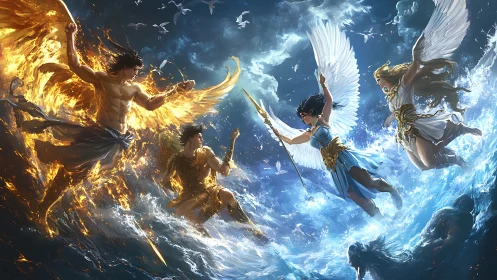 Dynamic celestial battle scene in high-fantasy digital painting.