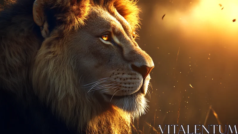 Golden hour lion gazing softly toward the glowing horizon.