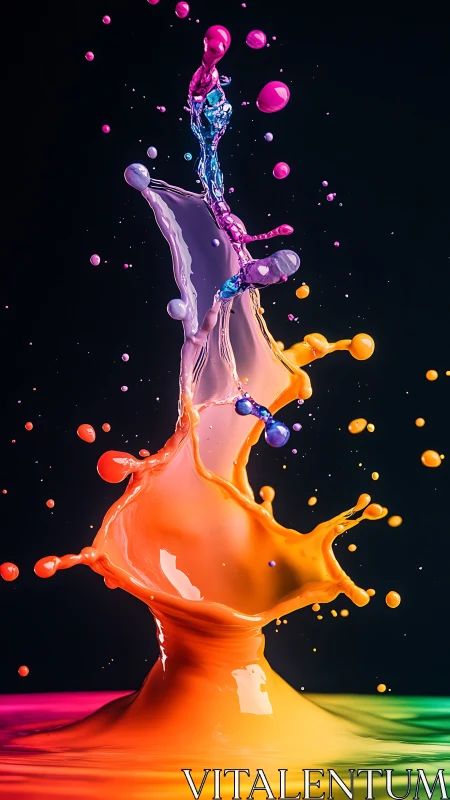 Vertical multicolor liquid splash against black background.