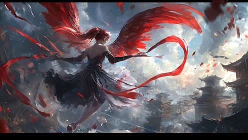 Winged warrior over cloudy cityscape in red and gray tones.